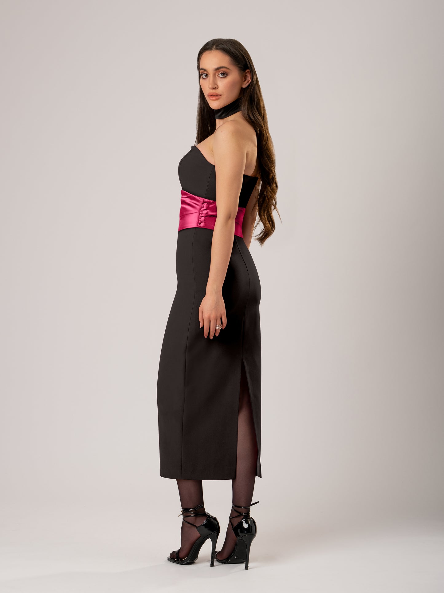 Kiss Me Fitted Midi Dress with Satin Belt - Black & Pink