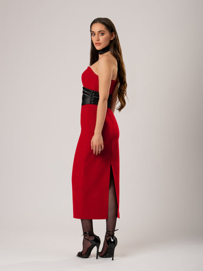 Kiss Me Fitted Midi Dress with Satin Belt - Red & Black