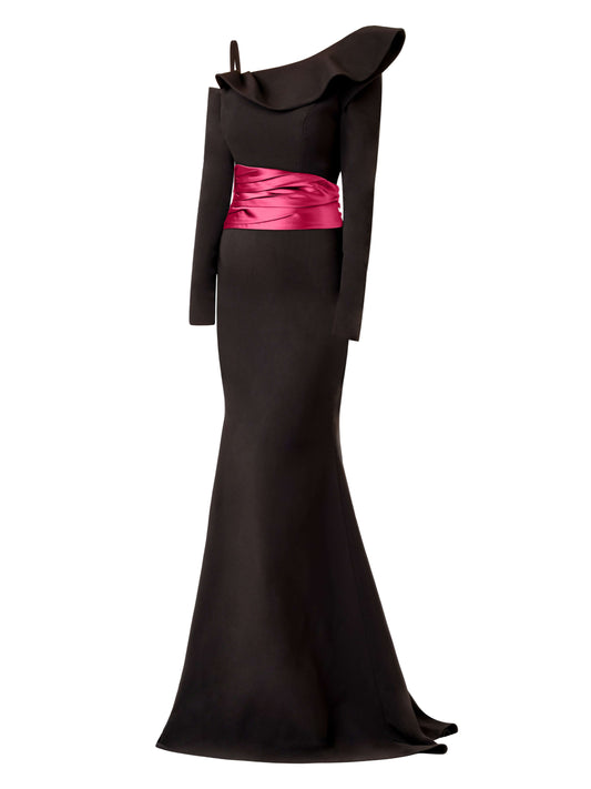 Magical Night Evening Dress with Satin Belt - Black & Pink