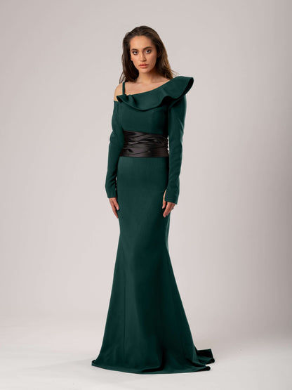 Magical Night Evening Dress with Satin Belt - Green & Black