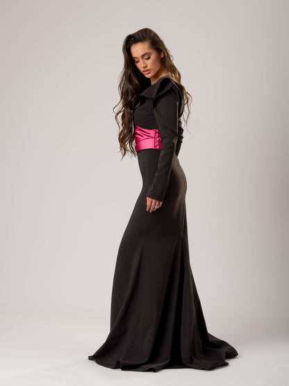 Magical Night Evening Dress with Satin Belt - Black & Pink