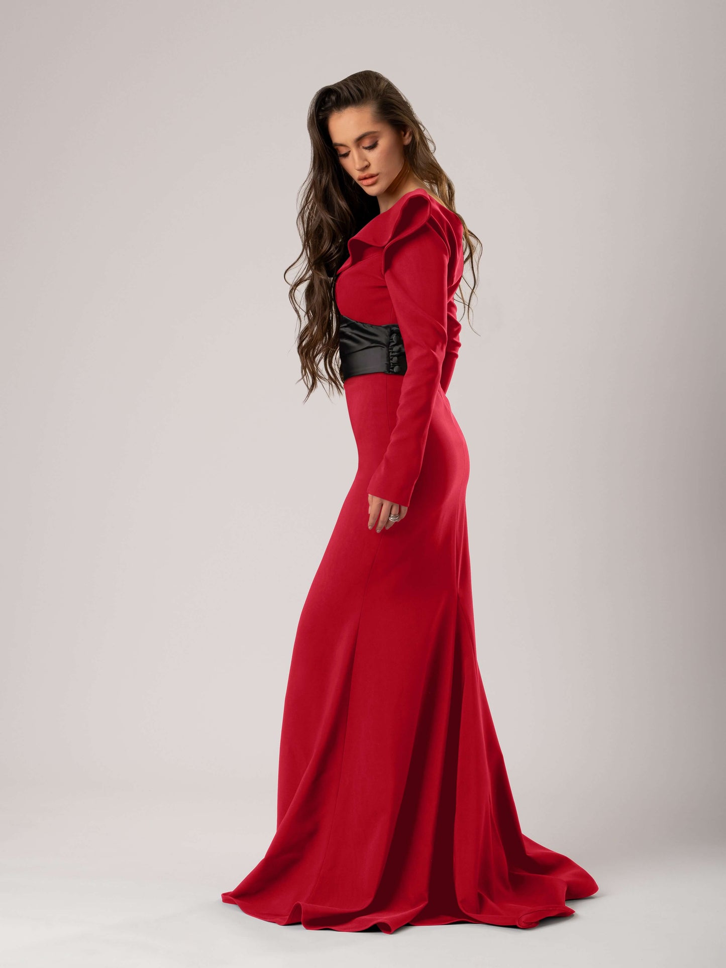 Magical Night Evening Dress with Satin Belt - Red & Black