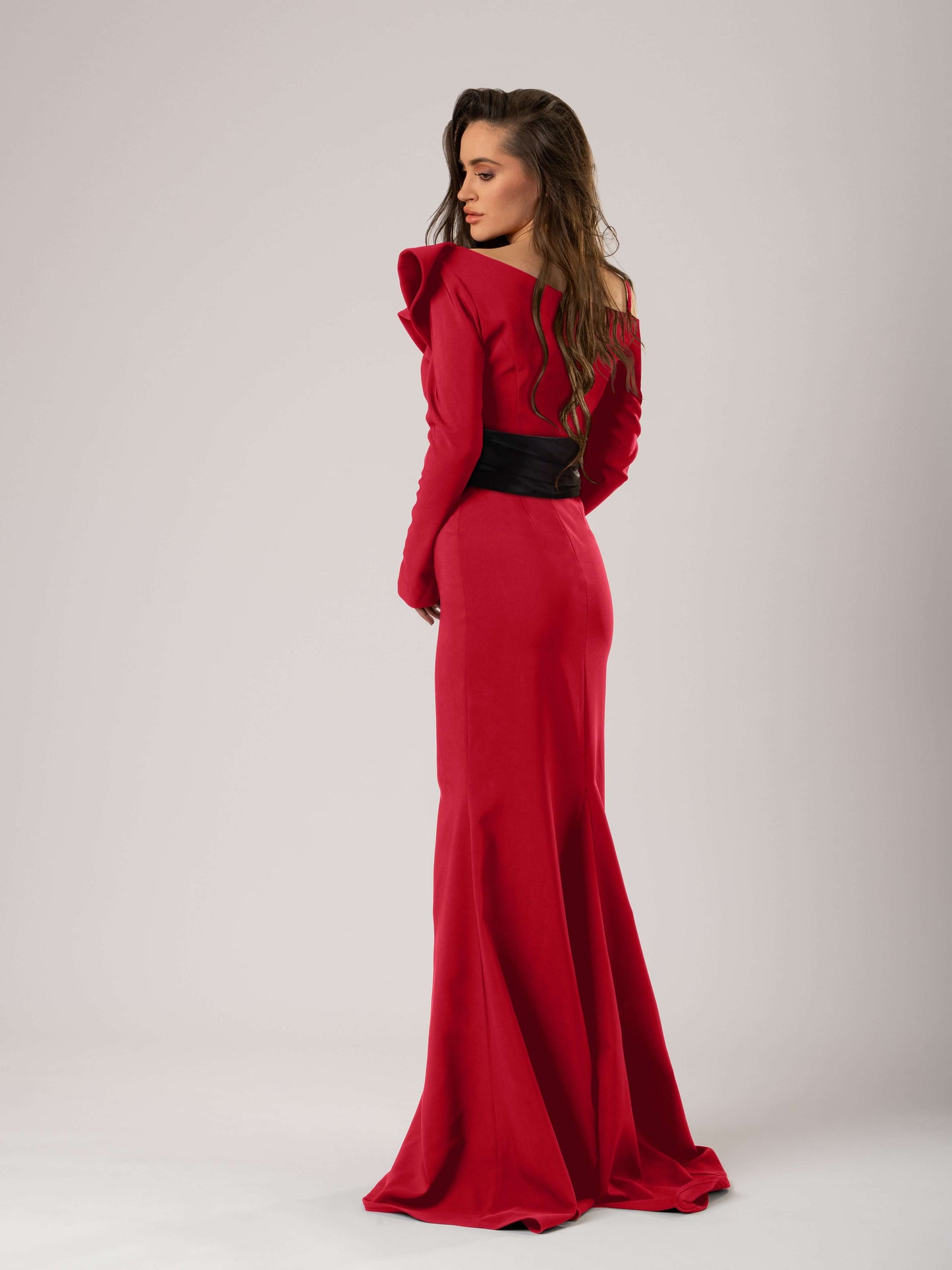 Magical Night Evening Dress with Satin Belt - Red & Black