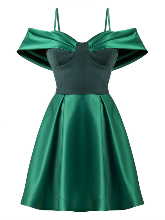 Mystique Flared Satin Mini Dress - Green