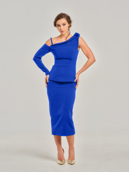Royal Azure High-Waist Pencil Midi Skirt by Tia Dorraine Women's Luxury Fashion Designer Clothing Brand