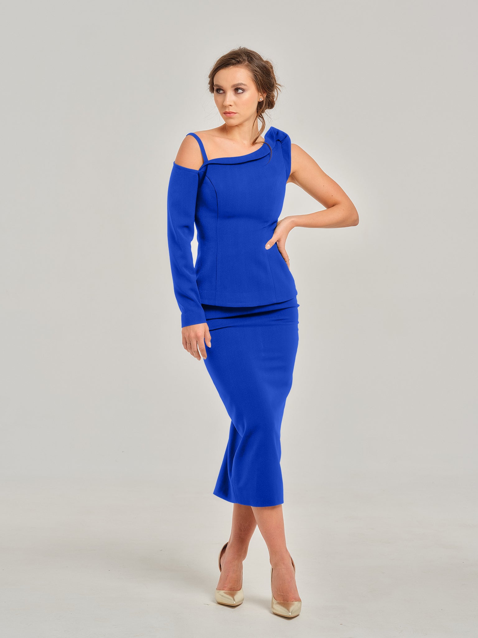 Royal Azure Asymmetric One-Shoulder Top by Tia Dorraine Women's Luxury Fashion Designer Clothing Brand