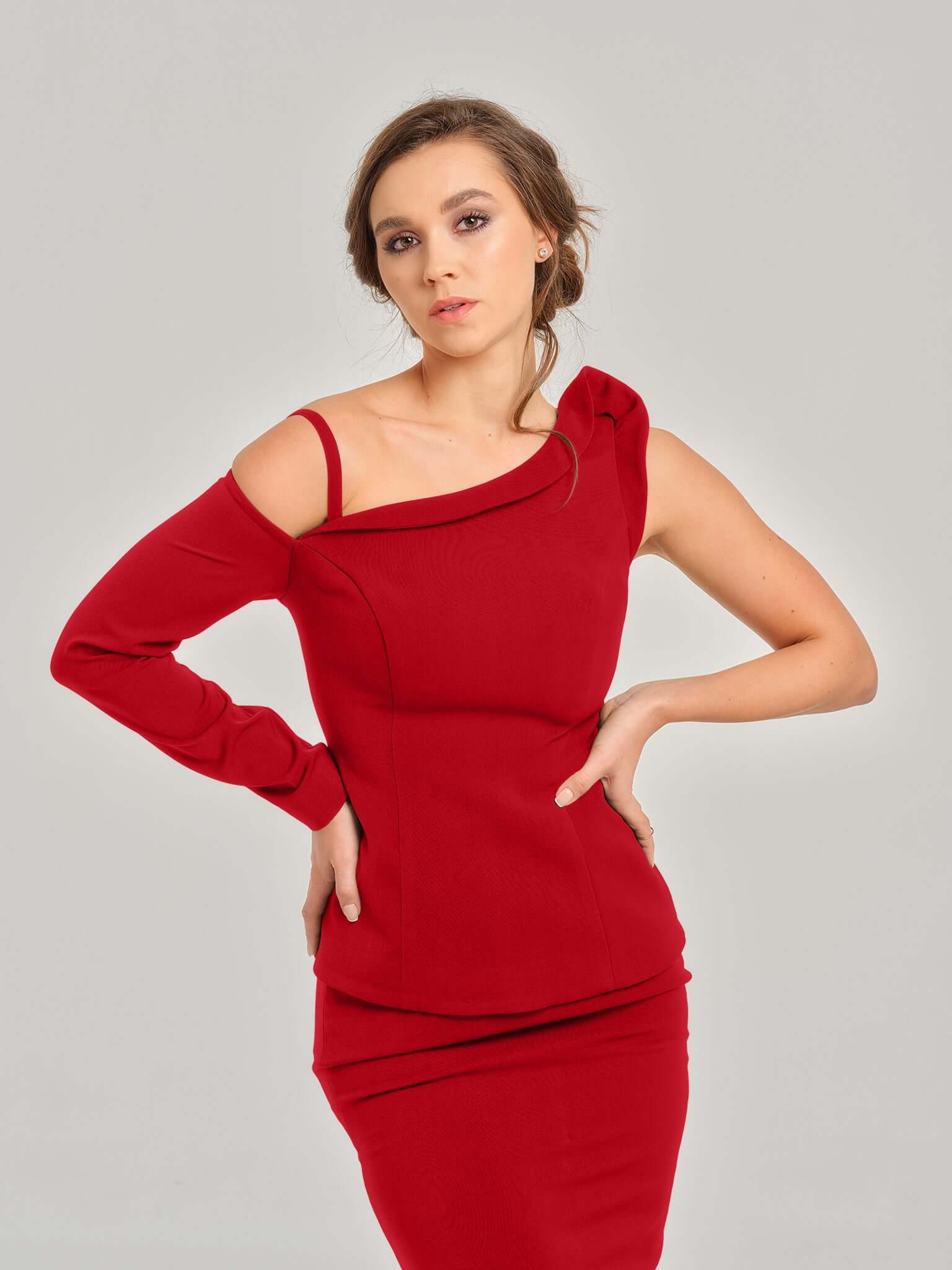 Fierce Red Asymmetric One-Shoulder Top by Tia Dorraine Women's Luxury Fashion Designer Clothing Brand