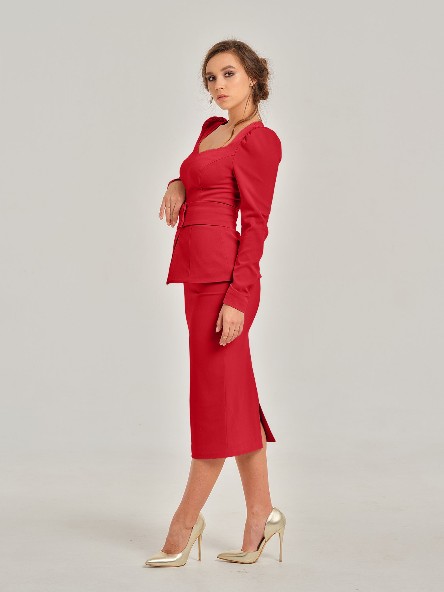 Fierce Red High-Waist Pencil Midi Skirt by Tia Dorraine Women's Luxury Fashion Designer Clothing Brand
