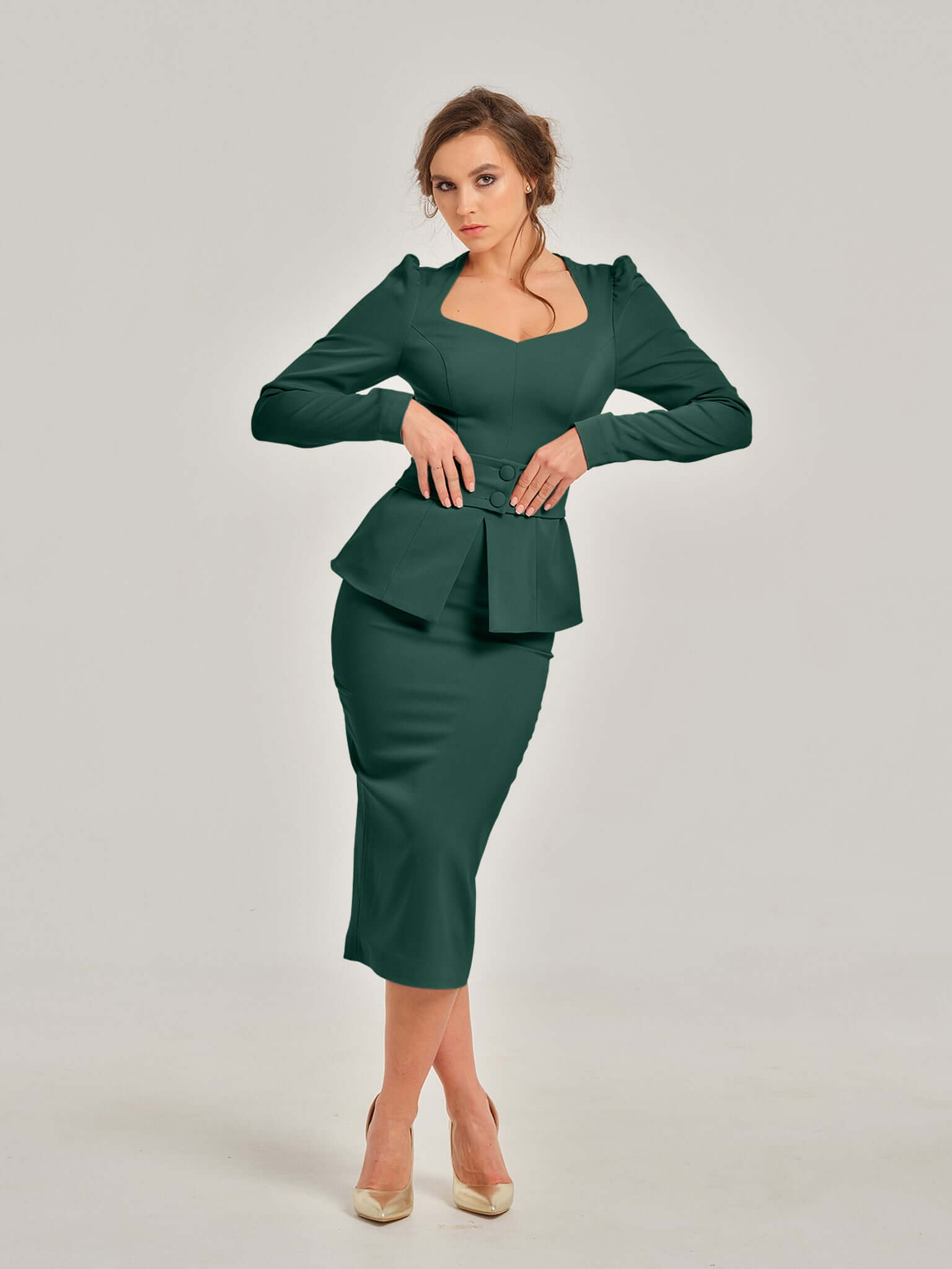 Emerald Dream High-Waist Pencil Midi Skirt by Tia Dorraine Women's Luxury Fashion Designer Clothing Brand