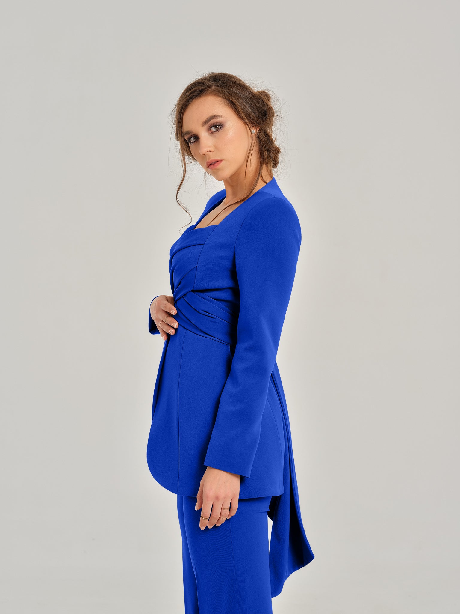 Royal Azure Cross-Wrap Statement Blazer by Tia Dorraine Women's Luxury Fashion Designer Clothing Brand