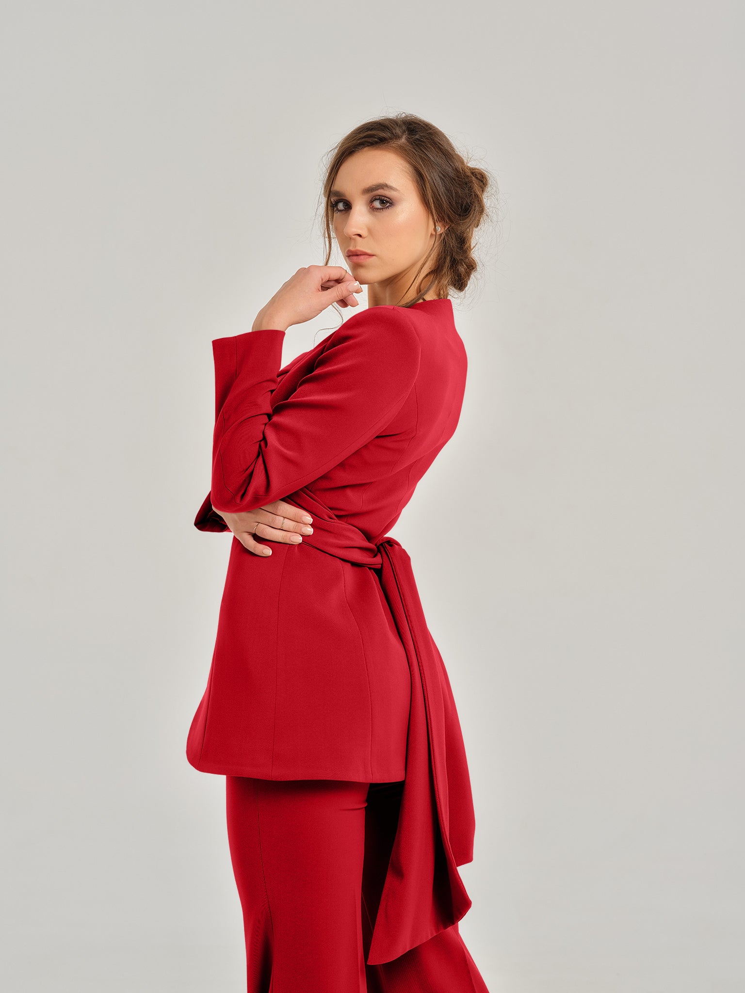 Fierce Red Cross-Wrap Statement Blazer by Tia Dorraine Women's Luxury Fashion Designer Clothing Brand