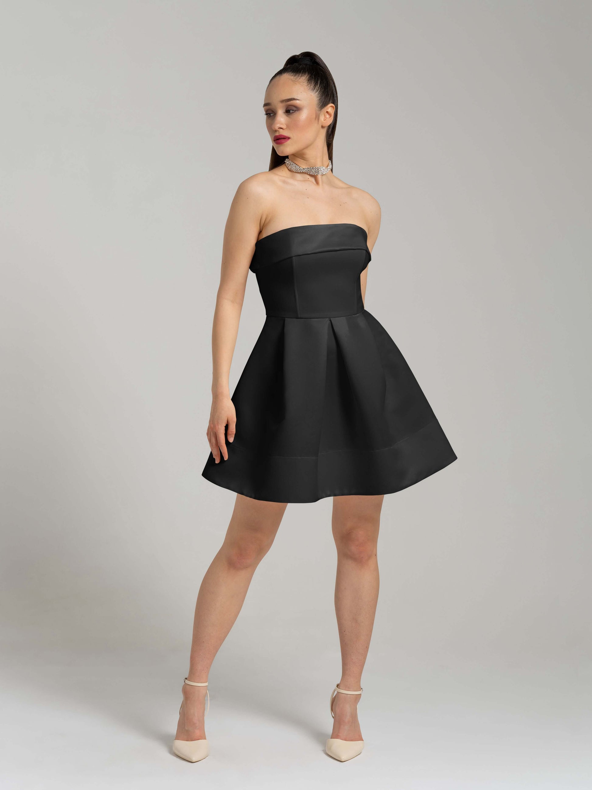 Wild Flower Flared Satin Mini Dress - Black by Tia Dorraine Women's Luxury Fashion Designer Clothing Brand