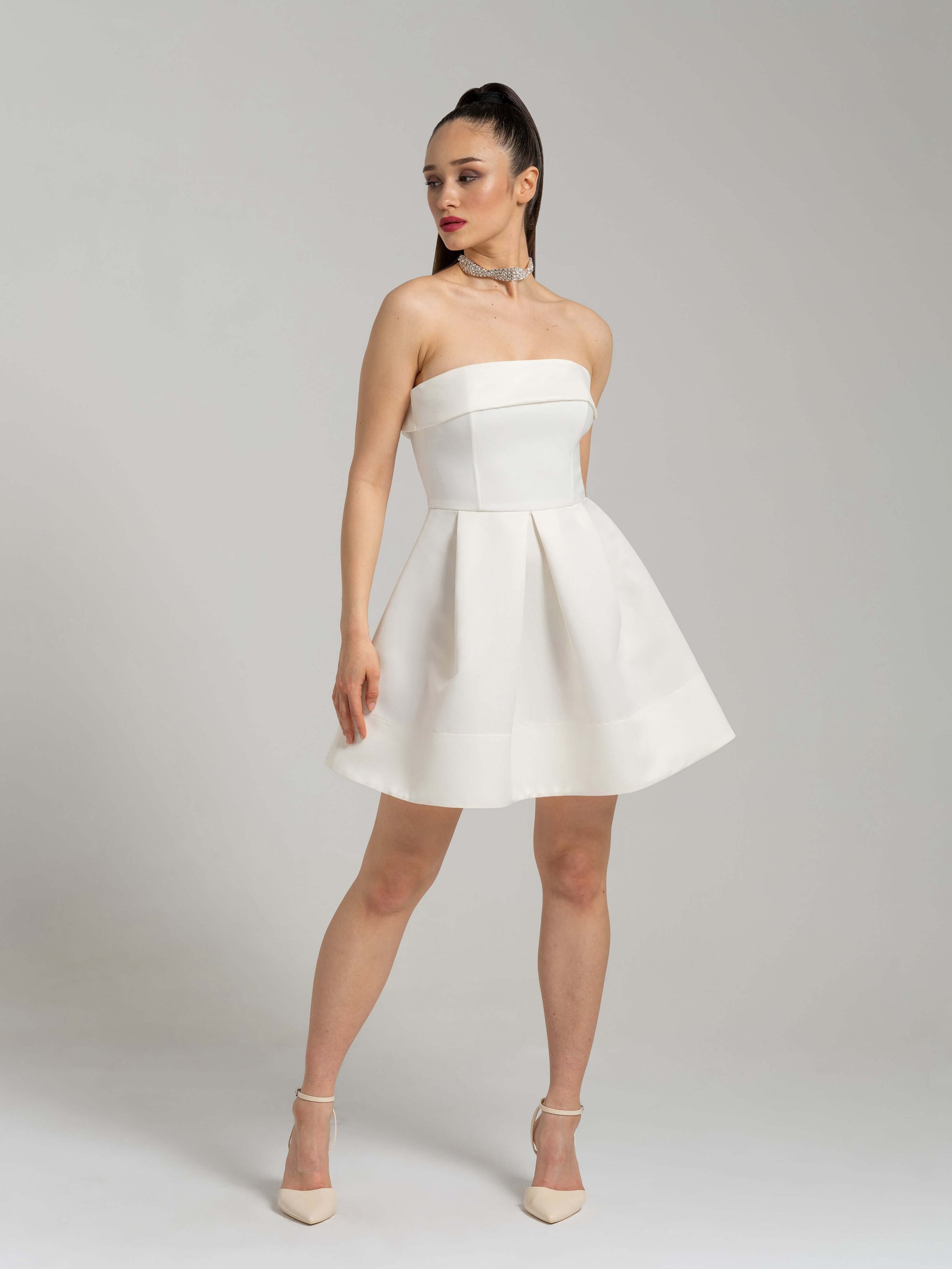 Wild Flower Flared Satin Mini Dress - Pearl White by Tia Dorraine Women's Luxury Fashion Designer Clothing Brand