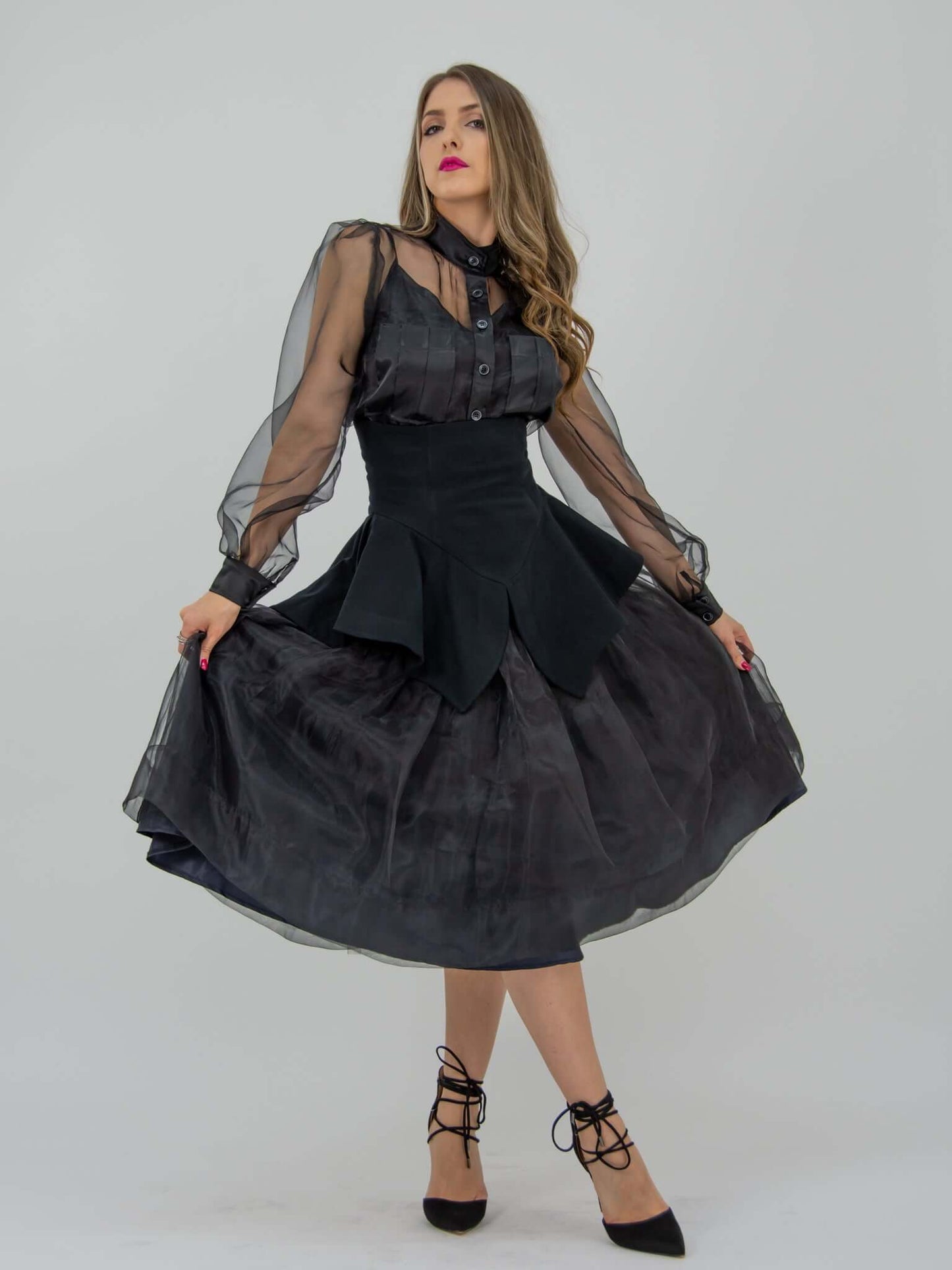 Black Swan Organza A-Line Midi Skirt by Tia Dorraine Women's Luxury Fashion Designer Clothing Brand