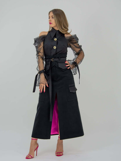 Black of the Net High-Waist A-Line Maxi Skirt
