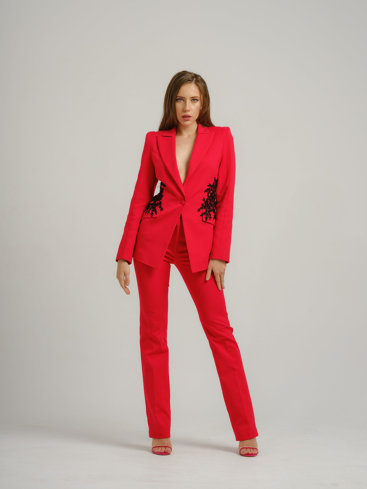 Red Fantasy Fitted Blazer With Embroidery Tia Dorraine