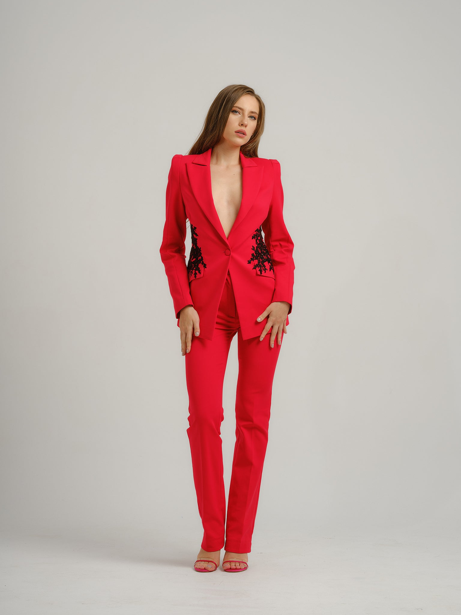 Red Fantasy Fitted Blazer With Embroidery Tia Dorraine