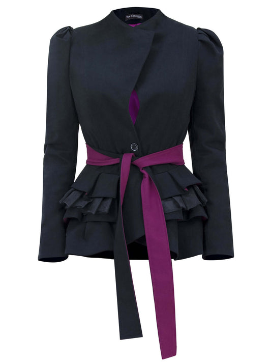 Black Meets Royal Ruffled Blazer by Tia Dorraine Women's Luxury Fashion Designer Clothing Brand