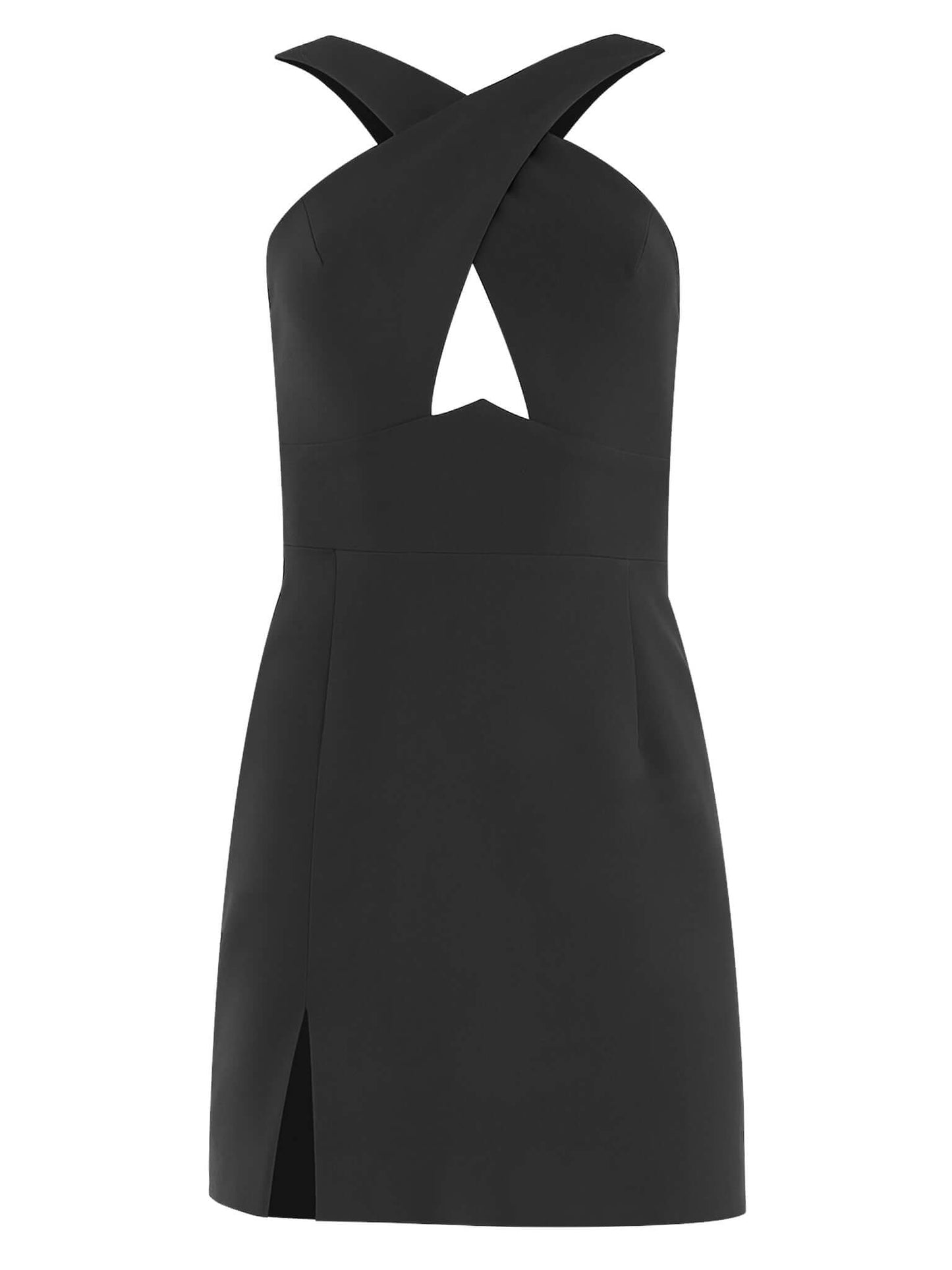 Tia Dorraine Burning Desire Cross-Neck Cut Out Mini Dress- Black This mini dress arrives with a cross-neck design and a deconstructed aesthetic thanks to the sexy cut-out waist detail. The dress also includes a playful front slit detail and is fully lined