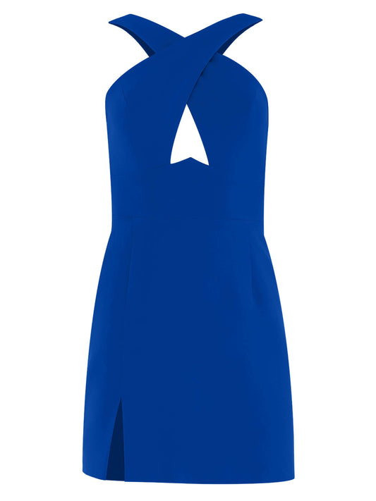 Tia Dorraine Burning Desire Cross-Neck Cut Out Mini Dress-Blue This mini dress arrives with a cross-neck design and a deconstructed aesthetic thanks to the sexy cut-out waist detail. The dress also includes a playful front slit detail and is fully lined w