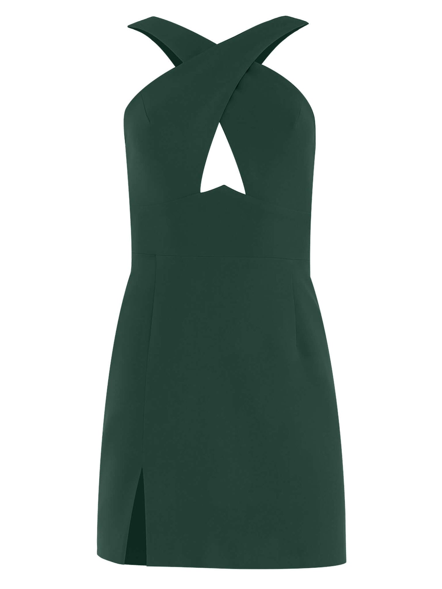 Tia Dorraine Burning Desire Cross-Neck Cut Out Mini Dress - Green This mini dress arrives with a cross-neck design and a deconstructed aesthetic thanks to the sexy cut-out waist detail. The dress also includes a playful front slit detail and is fully line