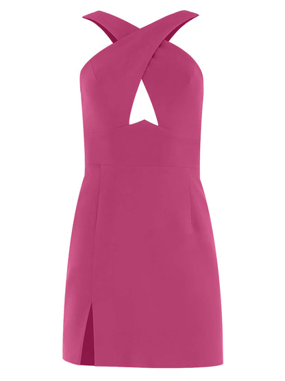 Tia Dorraine Burning Desire Cross-Neck Cut Out Mini Dress - Pink This mini dress arrives with a cross-neck design and a deconstructed aesthetic thanks to the sexy cut-out waist detail. The dress also includes a playful front slit detail and is fully lined
