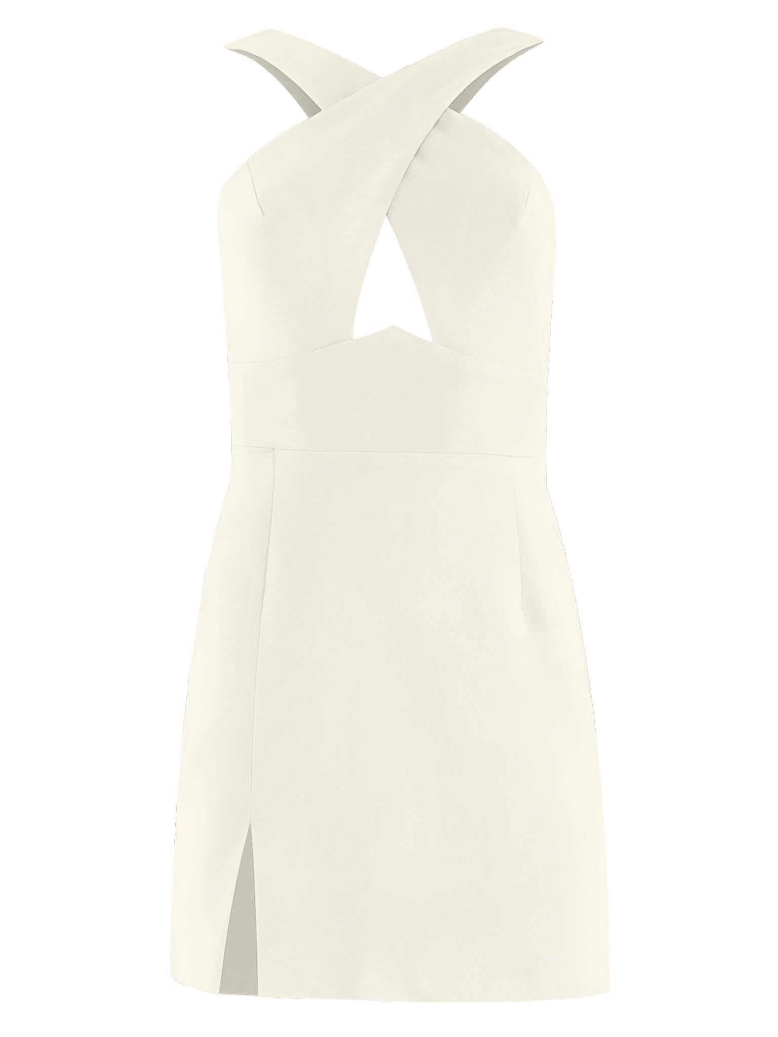 Tia Dorraine Burning Desire Cross-Neck Cut Out Mini Dress - White This mini dress arrives with a cross-neck design and a deconstructed aesthetic thanks to the sexy cut-out waist detail. The dress also includes a playful front slit detail and is fully line