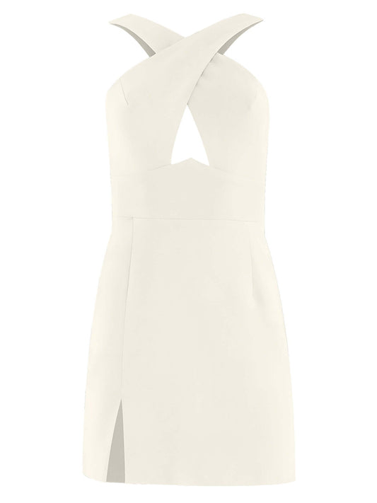 Tia Dorraine Burning Desire Cross-Neck Cut Out Mini Dress - White This mini dress arrives with a cross-neck design and a deconstructed aesthetic thanks to the sexy cut-out waist detail. The dress also includes a playful front slit detail and is fully line