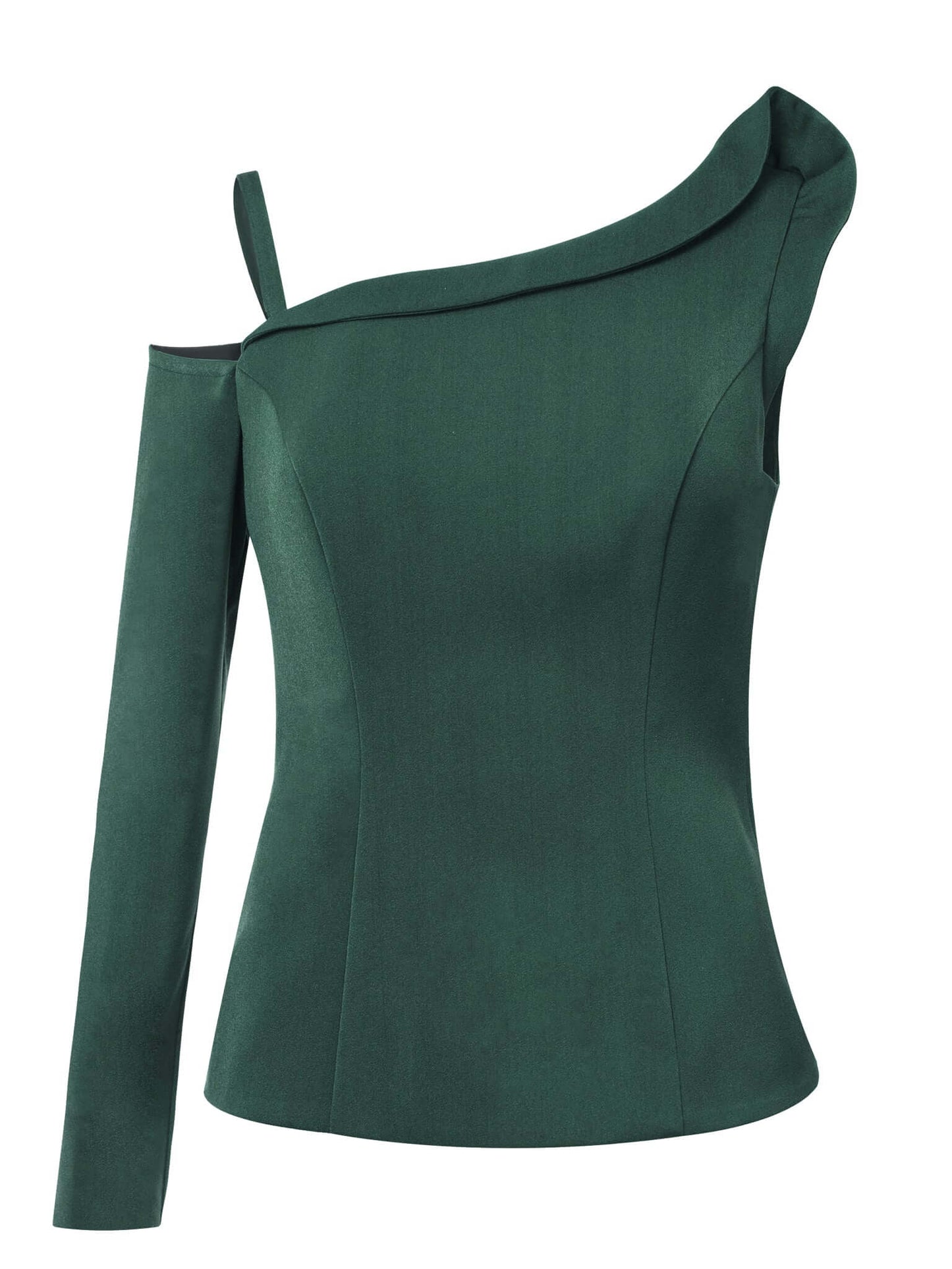 Tia Dorraine Emerald Dream Asymmetric One-Shoulder Top This incredible emerald green off-shoulder top has a single long sleeve with a tiny elegant strap, while the other shoulder includes an exciting drape going all the way across the front. Its waste-fit