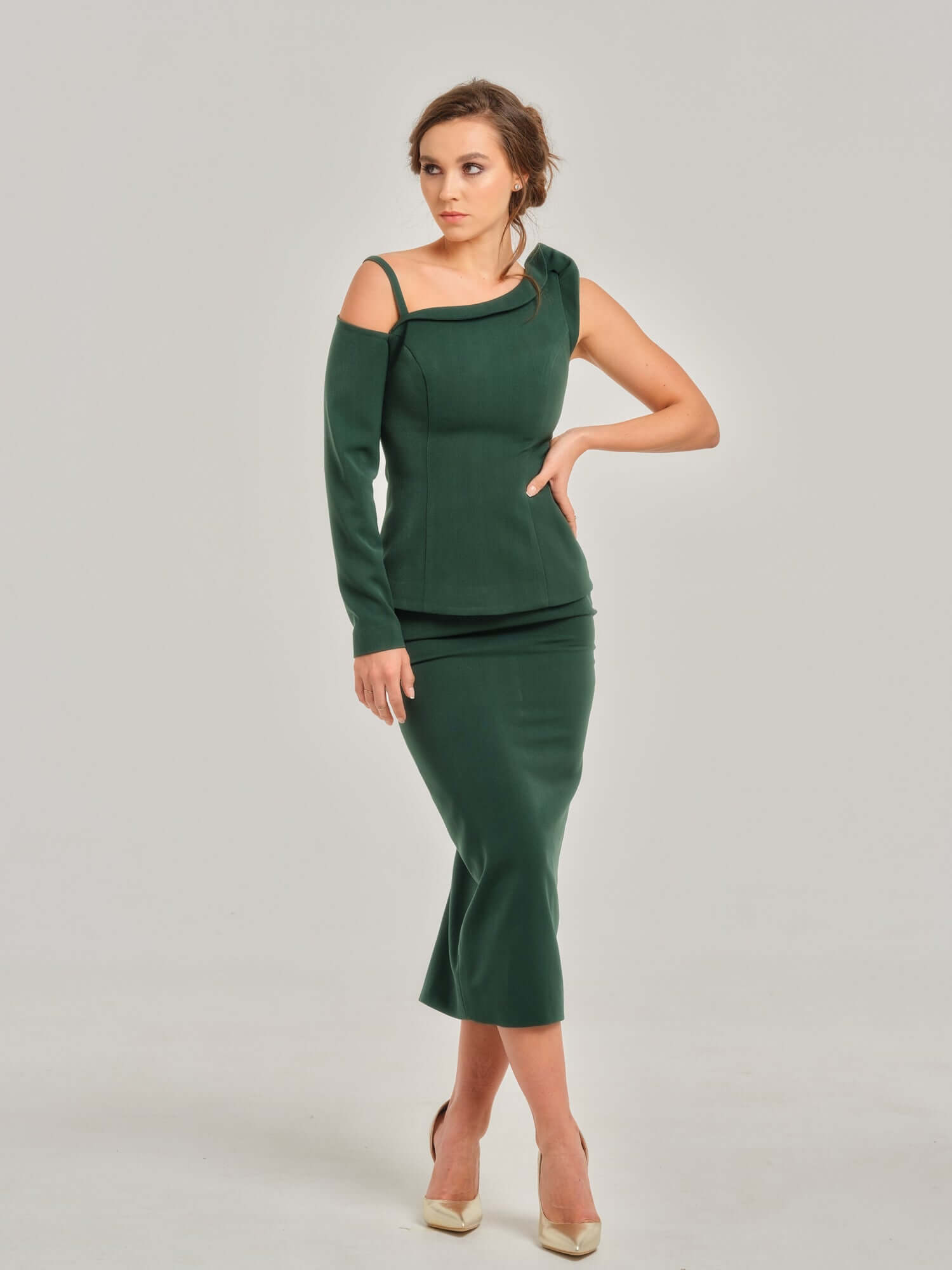 Emerald Dream High-Waist Pencil Midi Skirt by Tia Dorraine Women's Luxury Fashion Designer Clothing Brand