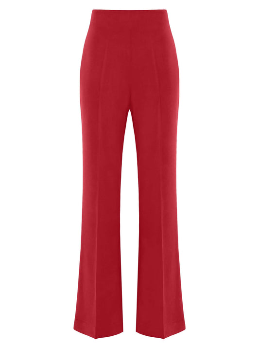 Tia Dorraine Fierce Red High-Waist Flared Trousers These classic flared trousers would fit perfectly in any woman’s capsule wardrobe. With their full length, they can be worn with heeled boots or high heels in the office. The trousers feature a classic wa