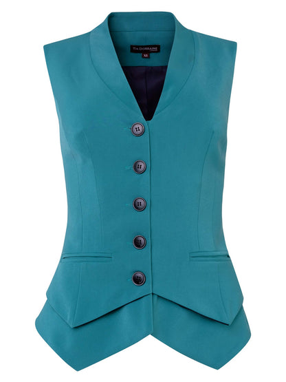 Tia Dorraine Magic Hour Fitted Single-Breasted Waistcoat The Magic Hour V-neckline vest is a classic piece that adds a twist with its sharp details - its double-layered sharply shaped bottom and its beautiful statement buttons. It is comfortable and easy