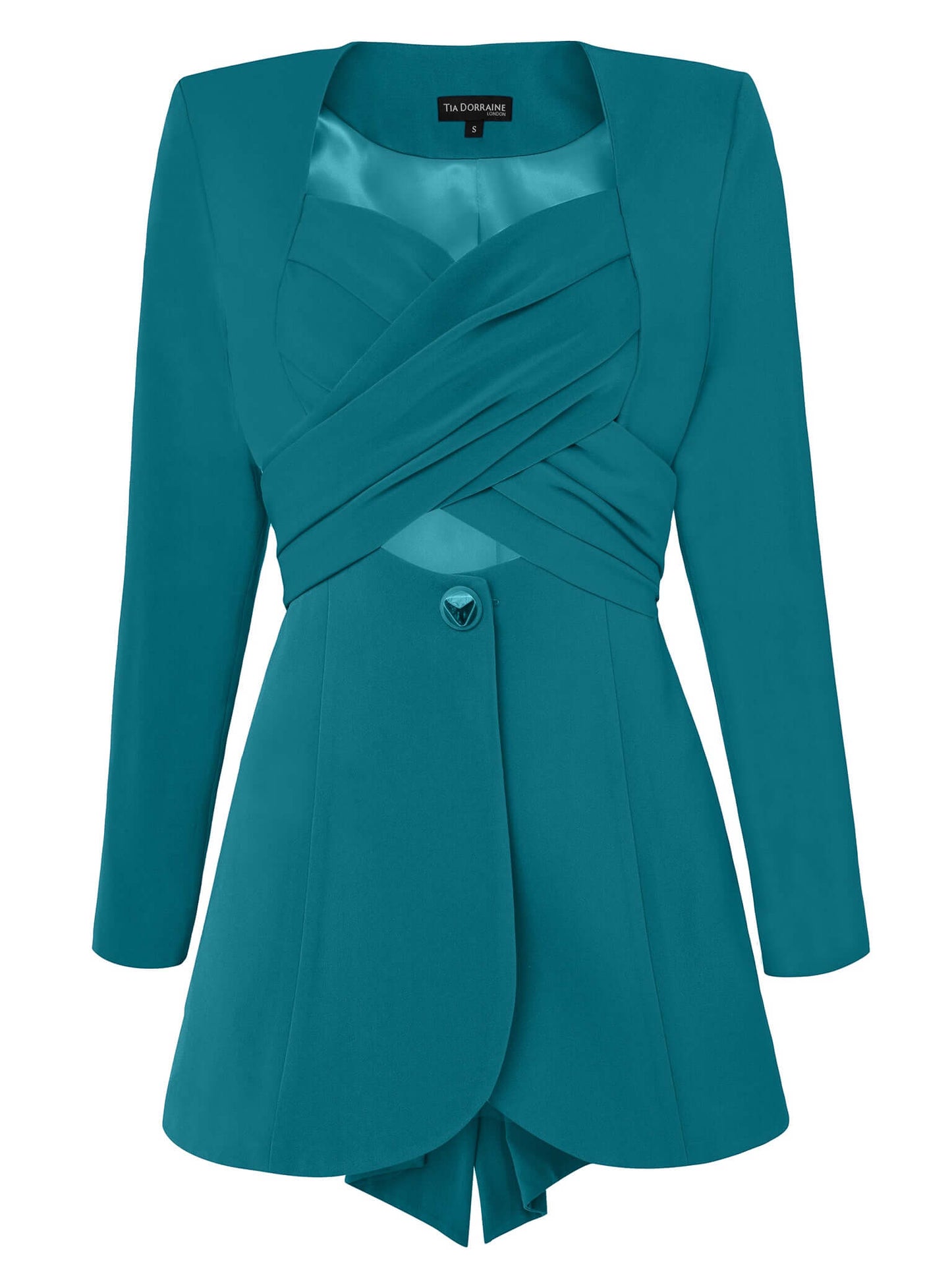 Tia Dorraine Magic Hour Statement Cross Wrap Blazer This thigh-length design reimagines the classic blazer with a generous helping of creative flair. The piece features an impressive cross drape panels that create a sweetheart neckline when tied at the ba