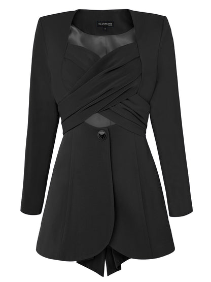 Tia Dorraine Magnetic Power Statement Cross Wrap Blazer This thigh-length design reimagines the classic blazer with a generous helping of creative flair. The piece features an impressive cross drape panels that create a sweetheart neckline when tied at th