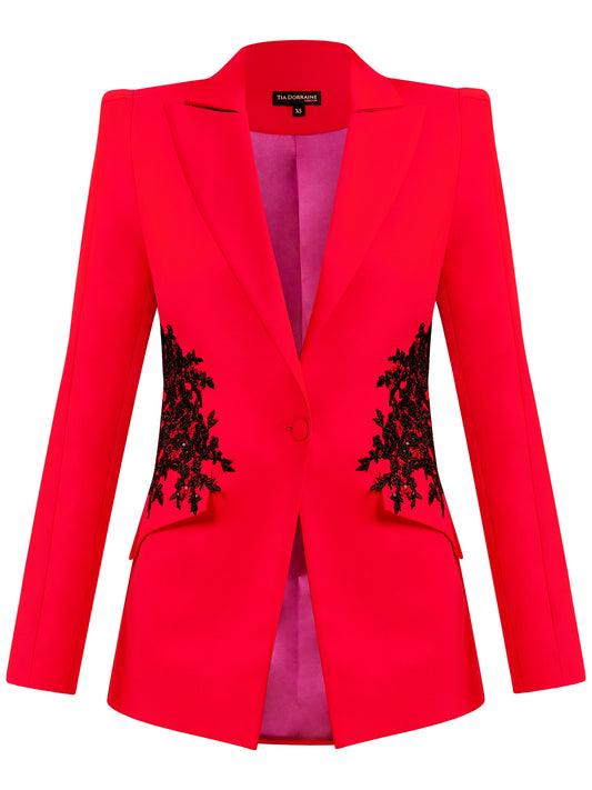 Fantasy Fitted Blazer With Embroidery - Red by Tia Dorraine Women's Luxury Fashion Designer Clothing Brand