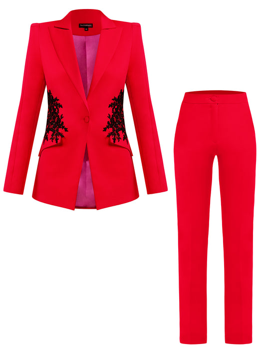 Red Fantasy Tailored Suit with Embroidery Tia Dorraine