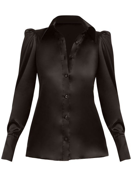 Royal Black Fitted Satin Shirt by Tia Dorraine Women's Luxury Fashion Designer Clothing Brand