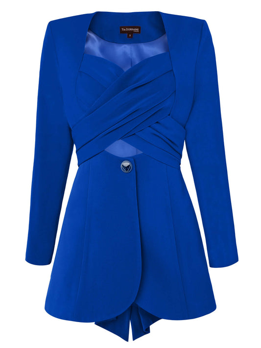 Royal Azure Cross-Wrap Statement Blazer by Tia Dorraine Women's Luxury Fashion Designer Clothing Brand