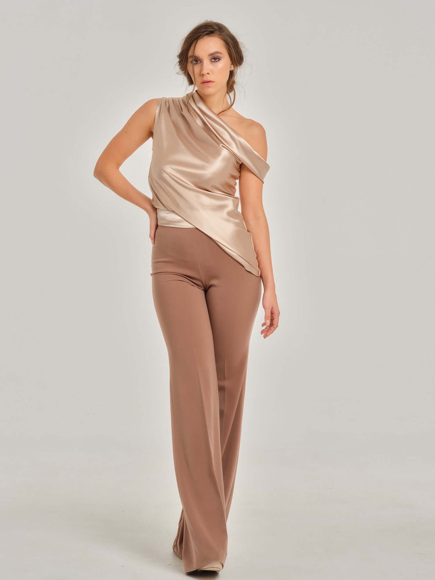 Sandstorm Satin Waistband Flared Trousers by Tia Dorraine Women's Luxury Fashion Designer Clothing Brand