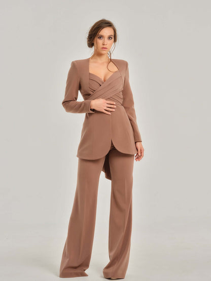 Sandstorm Satin Waistband Flared Trousers by Tia Dorraine Women's Luxury Fashion Designer Clothing Brand