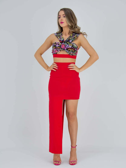 Super Elaborate Party Crop Top - Red by Tia Dorraine Women's Luxury Fashion Designer Clothing Brand