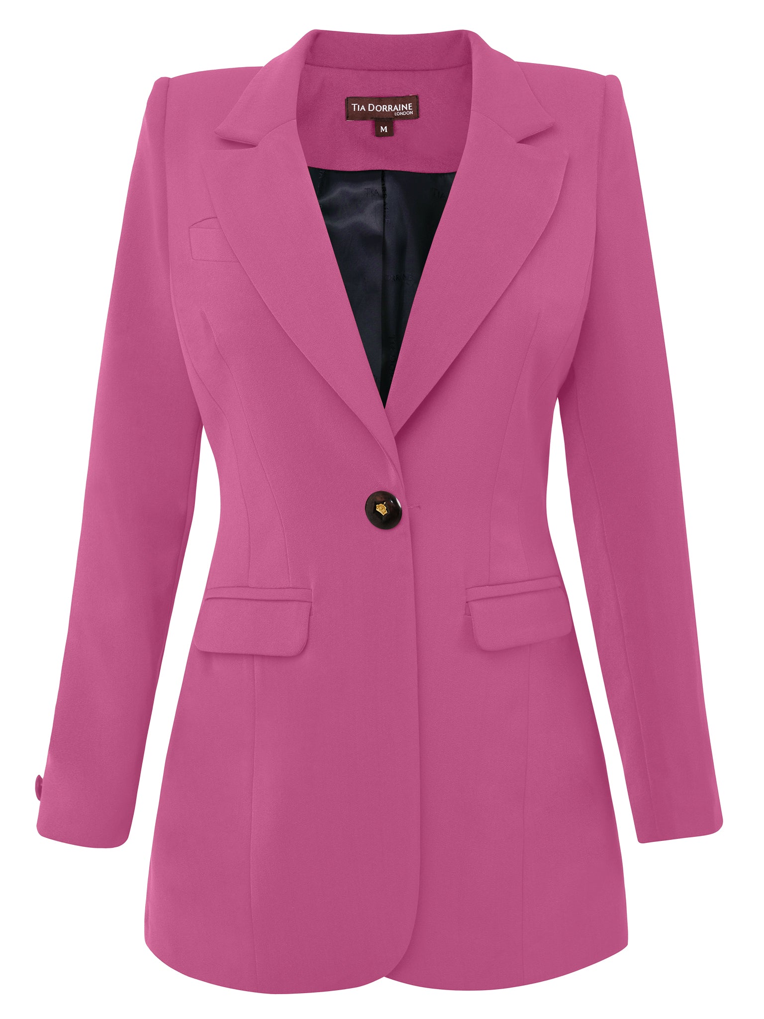 Tia Dorraine Sweet Desire Timeless Classic Suit The thigh-length blazer is one of our favourite pieces. This statement piece features a single large button closure that emphasizes its streamlined design. It stands out with its structured shoulders, beauti