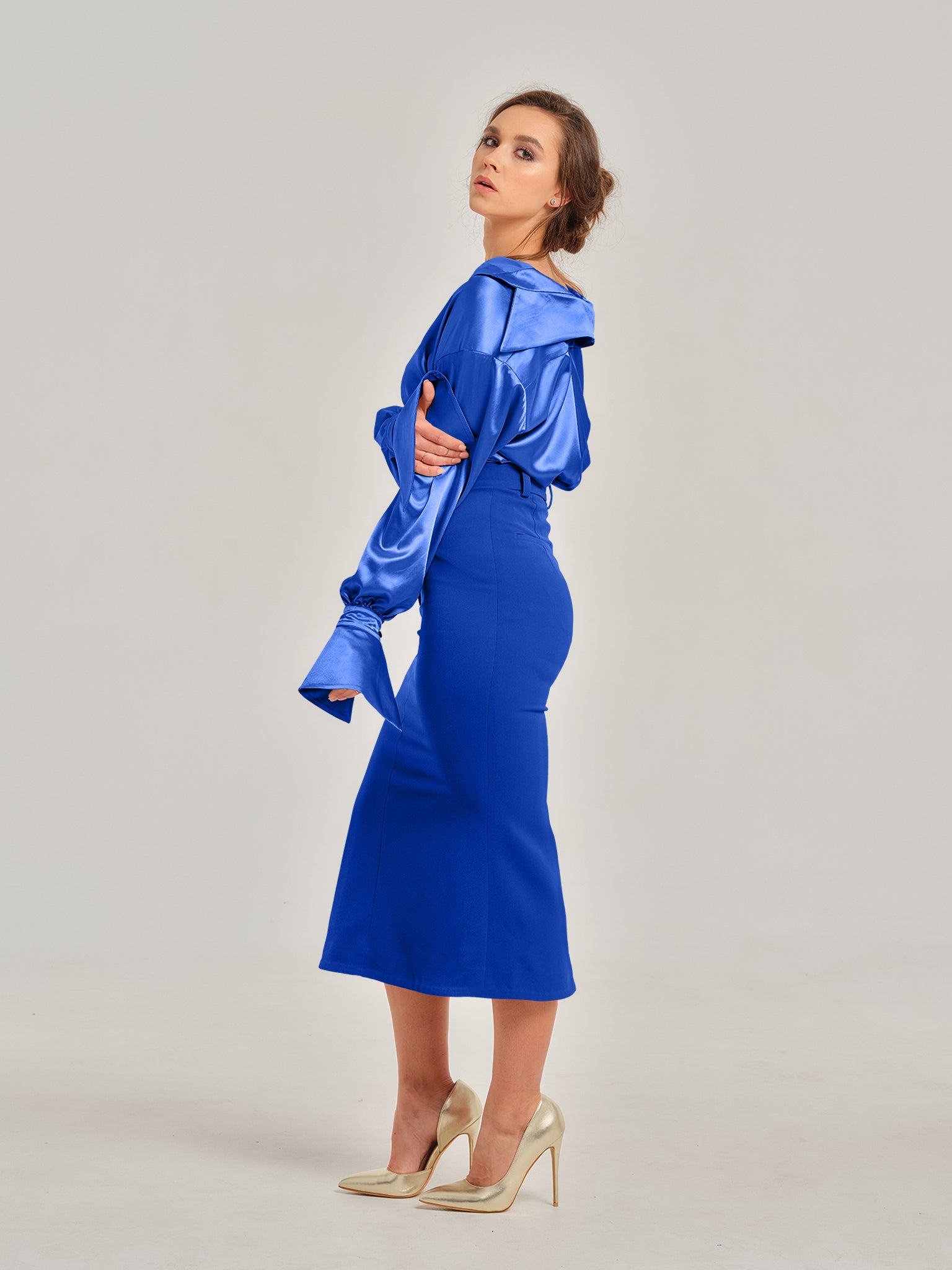 Royal Azure Trumpet Midi Skirt by Tia Dorraine Women's Luxury Fashion Designer Clothing Brand